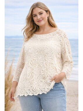J Jill Lace Top 3X Ivory Boho Floral Crochet Sheer Lined Plus Size